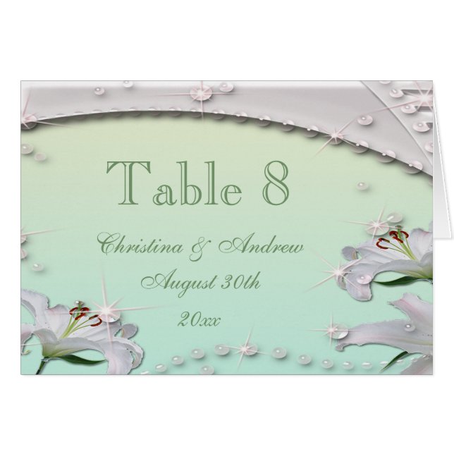 Lilies Mint Green Wedding Table Number Card (Front Horizontal)