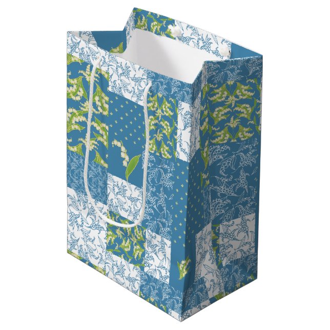 Lilies-of-the-Valley Blue Faux Patchwork Pattern Medium Gift Bag (Front Angled)