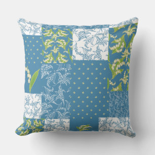 Lilies-of-the-Valley Faux Patchwork, Blue Cushion