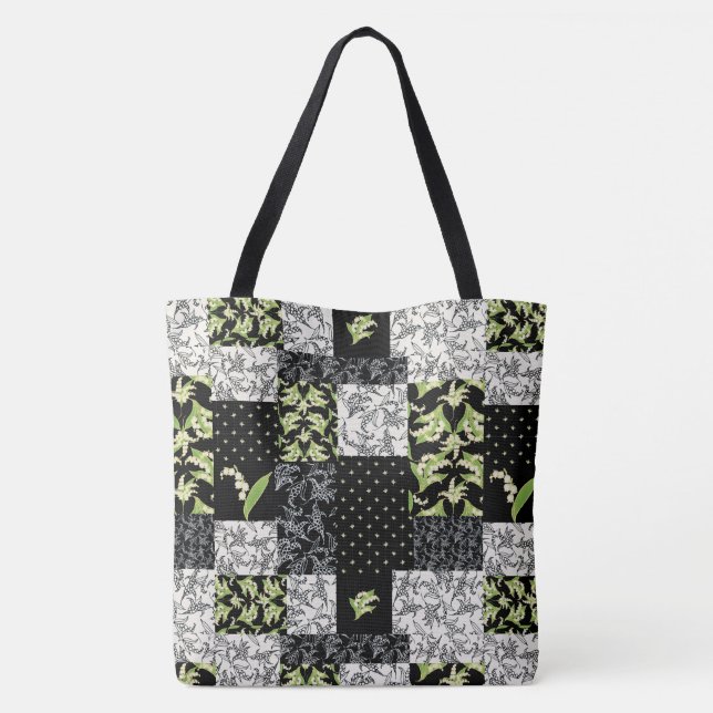 Lilies-of-the-Valley Faux Patchwork in Black Tote Bag (Back)