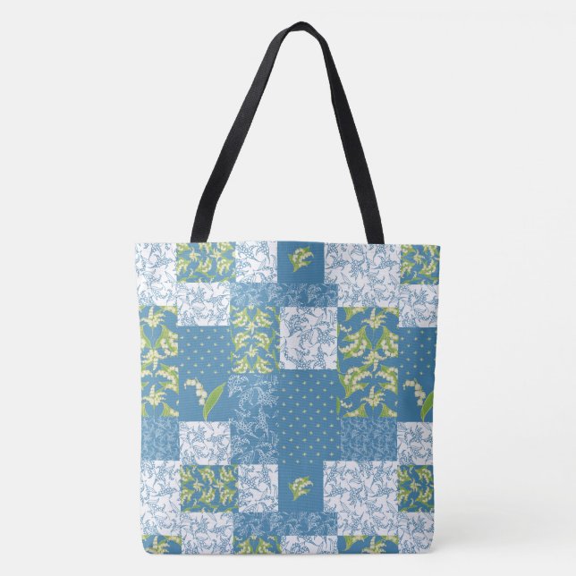 Lilies-of-the-Valley Faux Patchwork in Blue Tote Bag (Front)