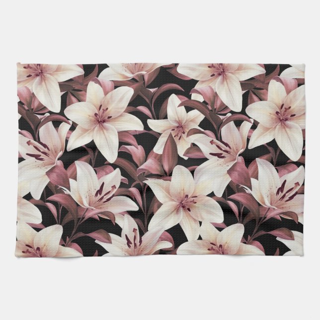 Lilies on black tea towel (Horizontal)