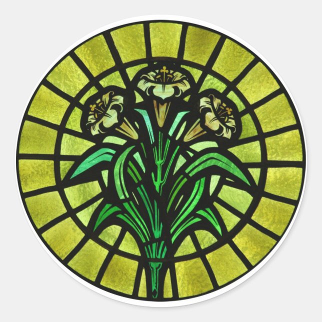 Lilies on Stained Glass Classic Round Sticker (Front)
