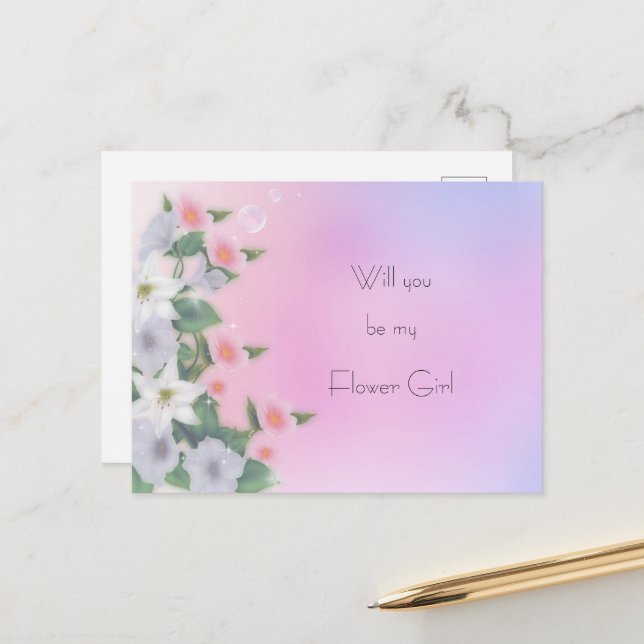 Lilies Petunias Hollyhock Vintage Flower Girl Announcement Postcard (Front/Back In Situ)