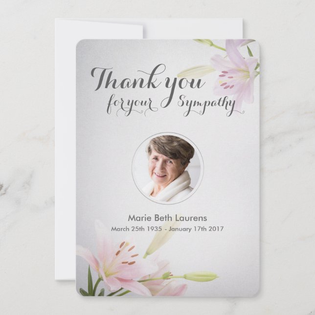 Lilies Sympathy Memorial Thank You Card with Photo (Front)