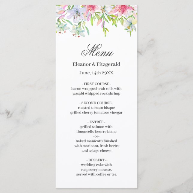 Lilies Watercolor Wedding Menu (Front)