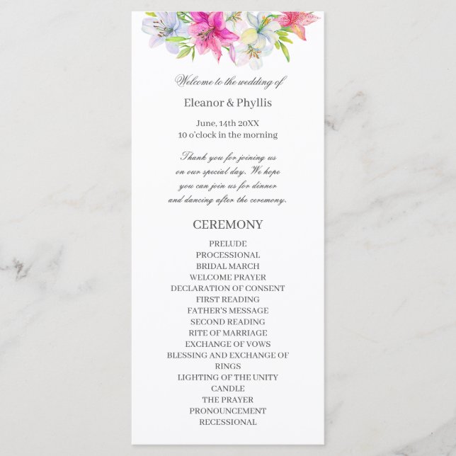 lilies watercolor wedding programme (Front)