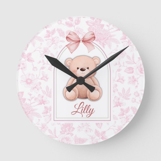 Lilly | Custom Pink Teddy Bear Nursery Design  Round Clock (Front)