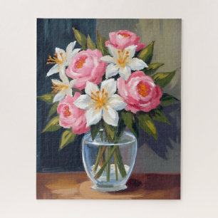 Lily and Rose Bouquet   Floral Watercolor Vase Jigsaw Puzzle