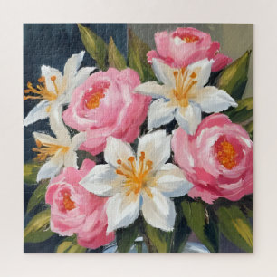 Lily and Rose Bouquet Floral Watercolor Vase Jigsaw Puzzle