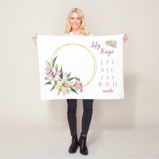 Lily Baby Girl Milestone Blanket, Lily Flower Baby Fleece Blanket