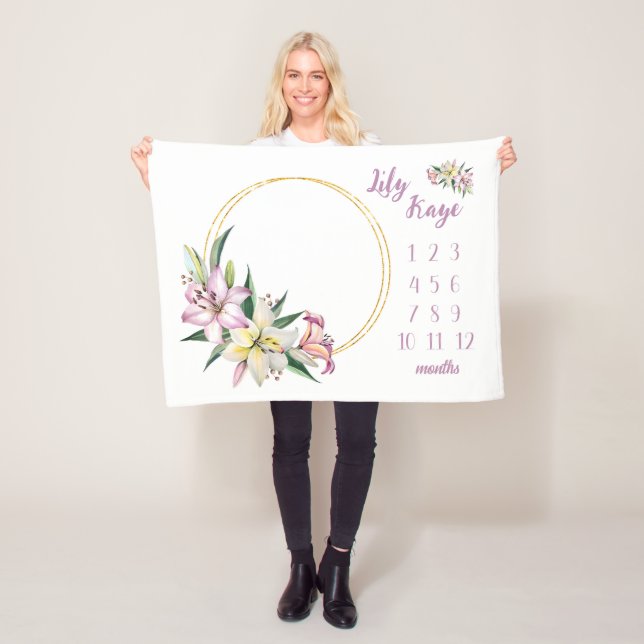 Lily Baby Girl Milestone Blanket, Lily Flower Baby Fleece Blanket (In Situ)