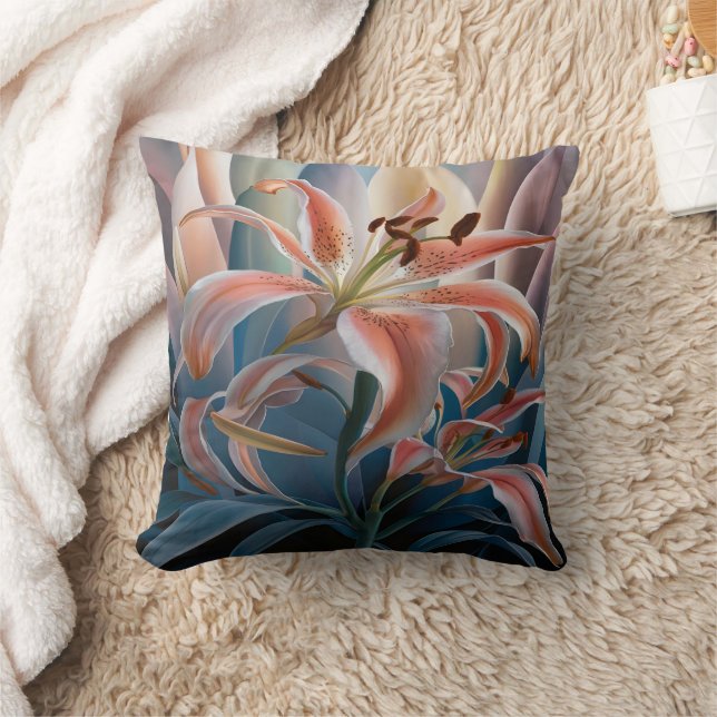 Lily Blooming Among Colourful Leaves at Dusk Cushion (Blanket)