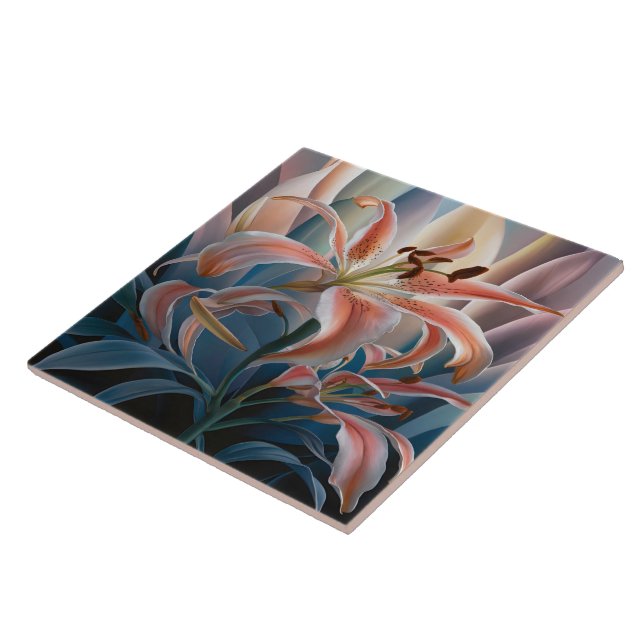 Lily Blooming Among Colourful Leaves at Dusk Tile (Side)