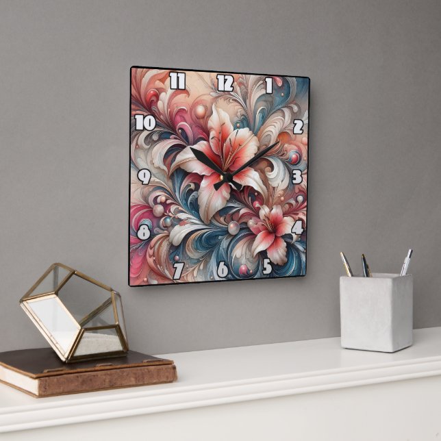 Lily Blossoms Amid Swirling Patterns Square Wall Clock (Office)