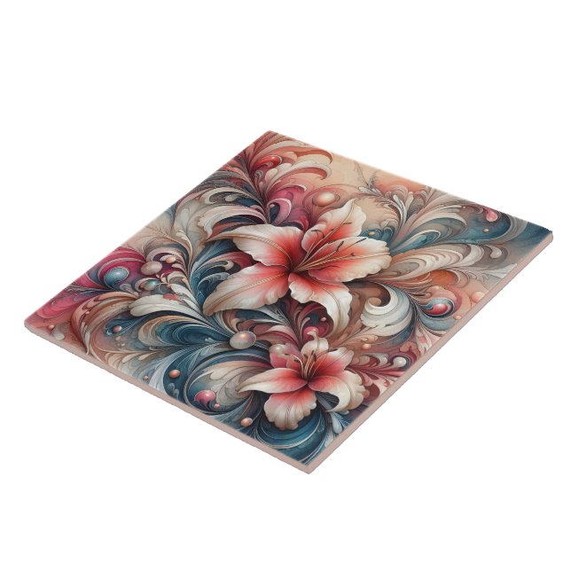 Lily Blossoms Amid Swirling Patterns Tile (Side)