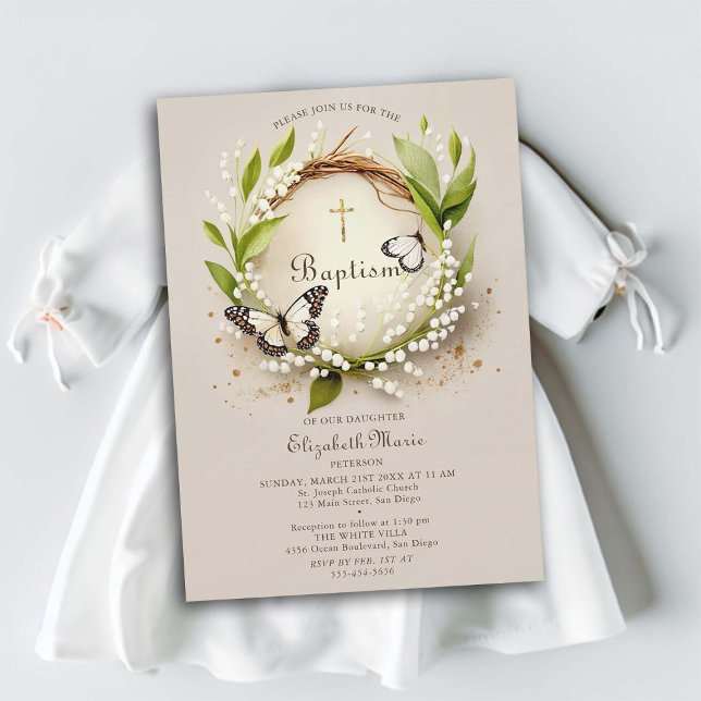 Lily Butterflies Cross Wreath Elegant Girl Baptism Invitation (girl baptism invitation whimsical butterflies lily valley watercolor elegant formal magical classy)