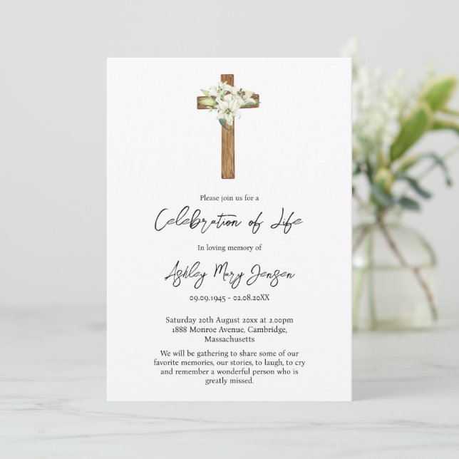 Lily Cross Celebration of Life Funeral Invitation (Standing Front)