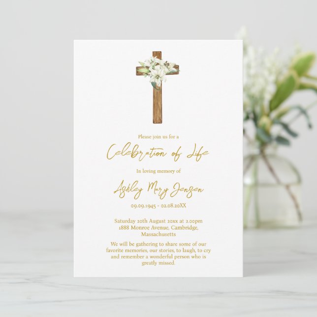Lily Cross Celebration of Life Funeral Invitation (Standing Front)