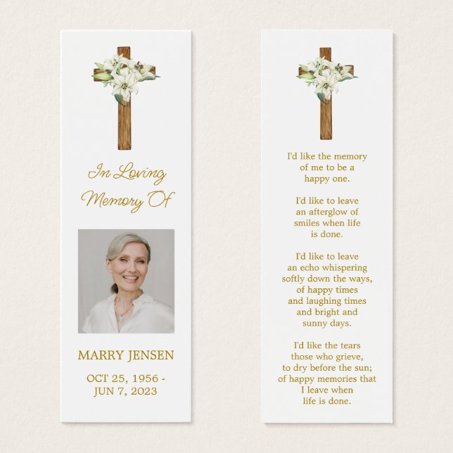 Lily Cross Photo Funeral Memorial Bookmark (Front & Back)