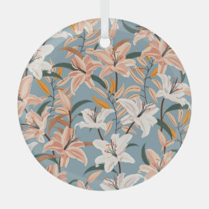 Lily Floral Blue Vintage Print Glass Tree Decoration