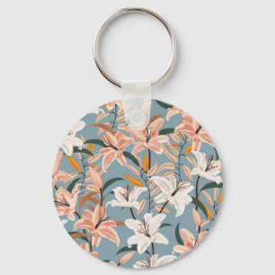 Lily Floral Blue Vintage Print Key Ring