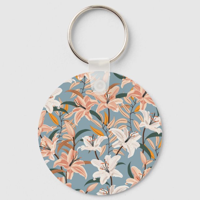 Lily Floral Blue Vintage Print Key Ring (Front)