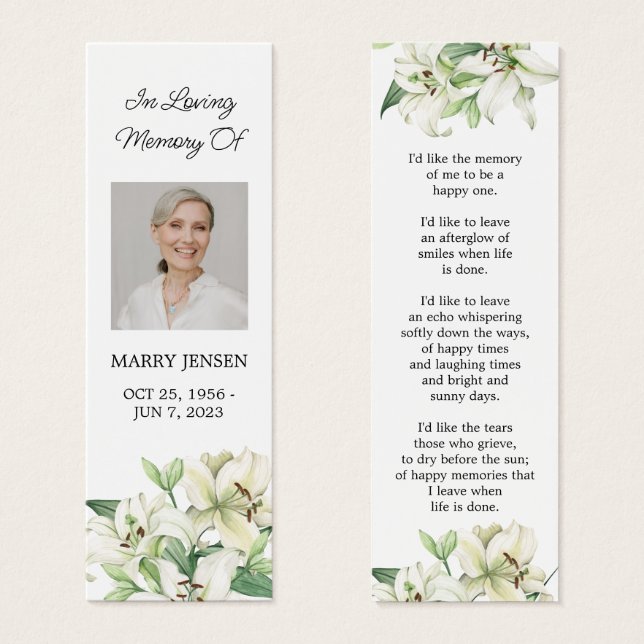 Lily Floral Photo Funeral Memorial Bookmark (Front & Back)
