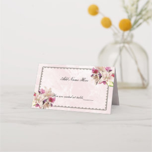 Lily Floral Pink Marble Wedding Folded Table Place Card