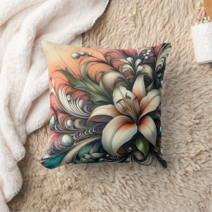 Lily Flower Design With Colourful Abstract Pattern Cushion
