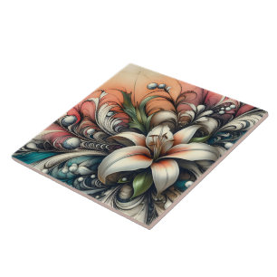 Lily Flower Design With Colourful Abstract Pattern Tile