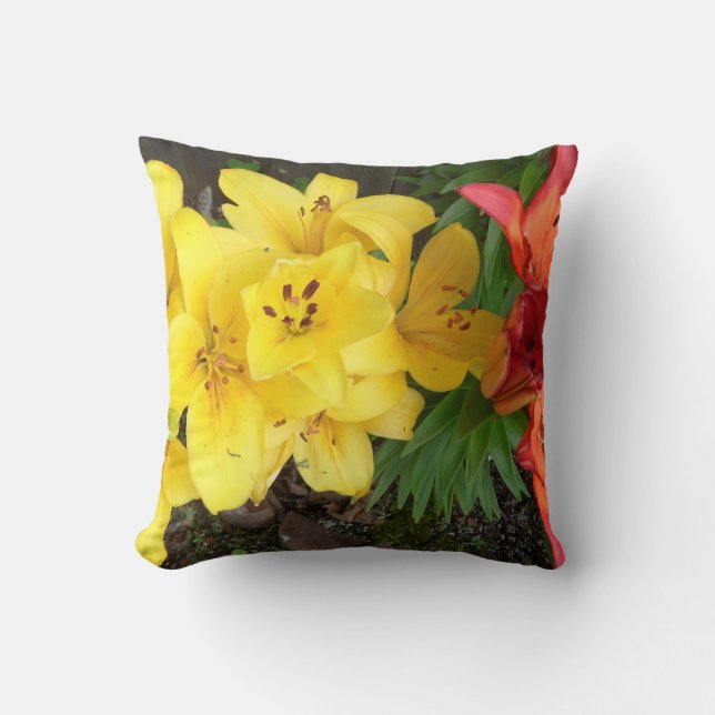 Lily Flower Red Green & Yellow Photo Designed Cushion (Front)