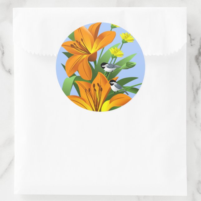 Lily Flowers and Chickadee Classic Round Sticker (Bag)