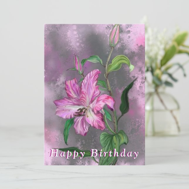 Lily Flowers Birthday Card Lilies - Painting (Standing Front)