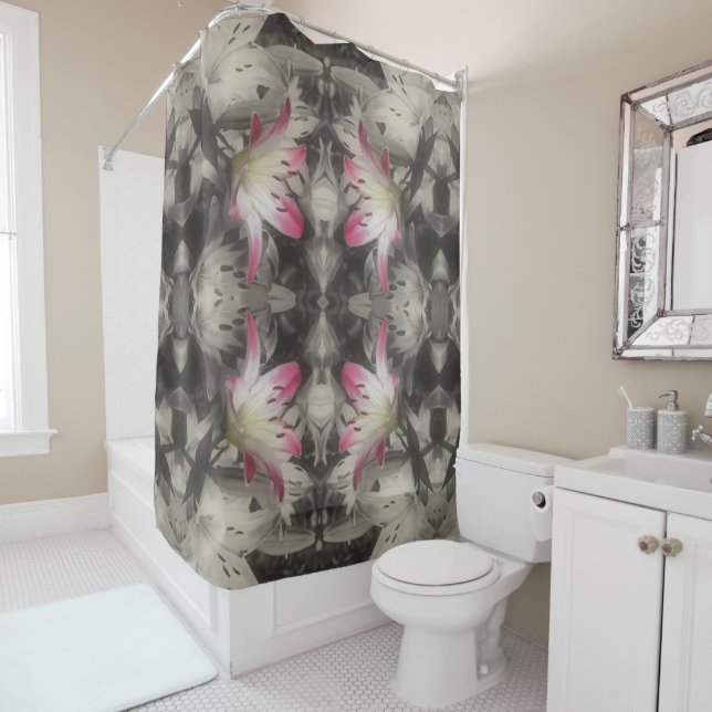 Lily Flowers Black White Partial Colour Abstract Shower Curtain (In Situ)
