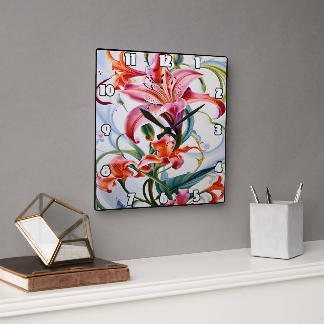Lily Flowers in Vibrant Colours on Light Backgroun Square Wall Clock (Office)