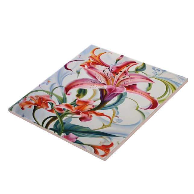 Lily Flowers in Vibrant Colours on Light Backgroun Tile (Side)