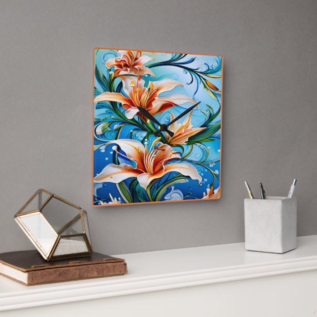 Lily Flowers on Blue Floral Background Square Wall Clock (Office)