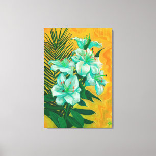 Lily Flowers Palm Leaf, Spring Floral Art Painting Canvas Print