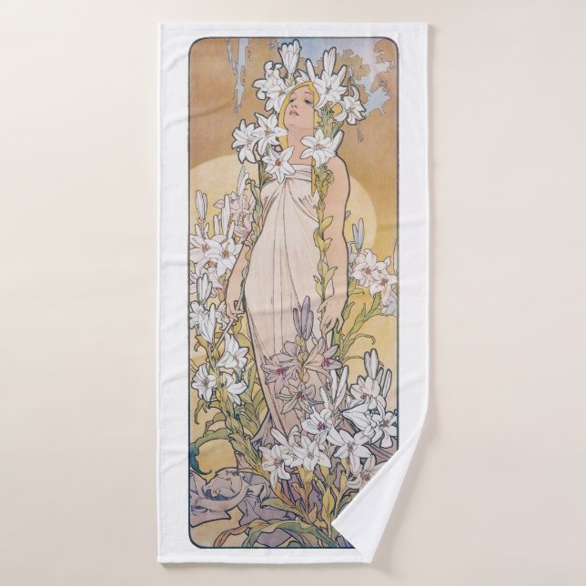 Lily (Four Flowers), Alphonse Mucha Bath Towel (Bath Towel)