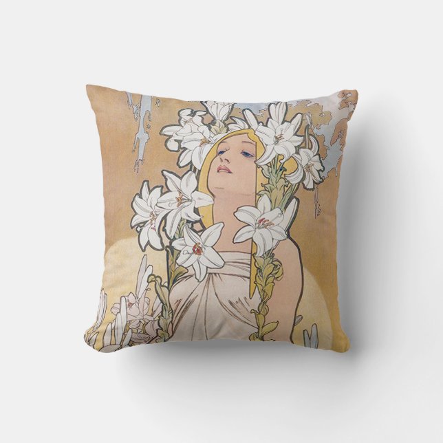 Lily (Four Flowers), Alphonse Mucha Cushion (Front)