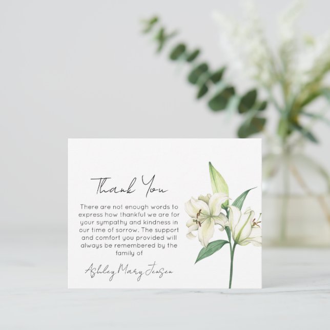 Lily Funeral Thank You Card Bereavement  (Standing Front)