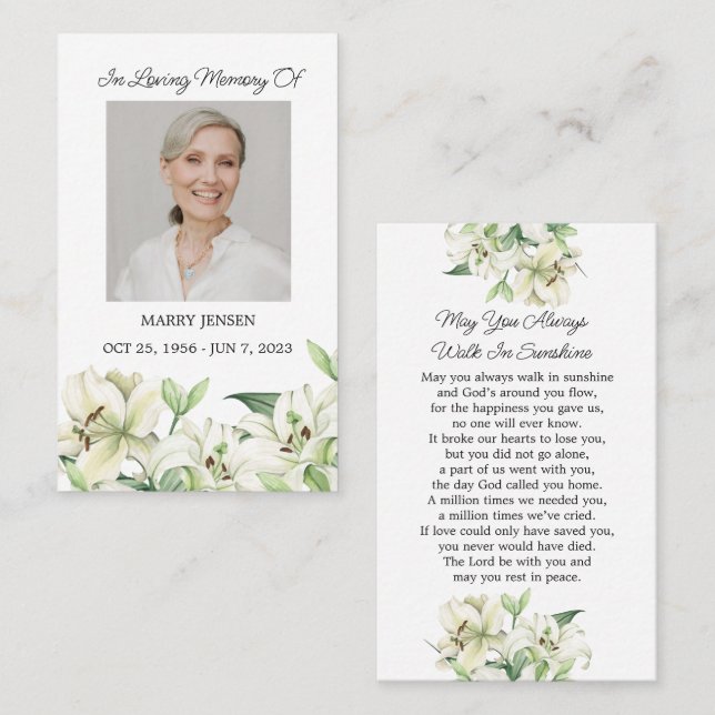 Lily Memorial Photo Funeral Prayer Card (Front/Back)