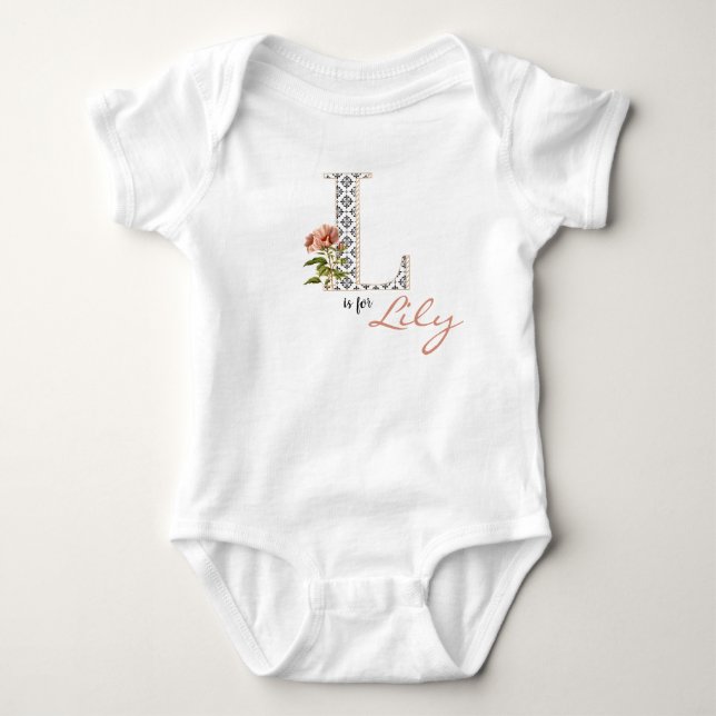 Lily Name Reveal Floral Letter L Girl Whimsical Baby Bodysuit (Front)