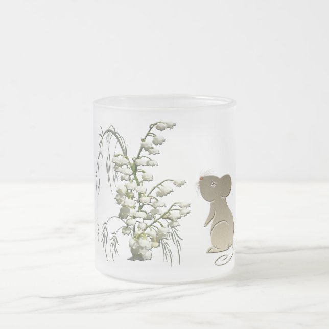 Lily of the Valley and cute mouse art Frosted Glass Coffee Mug (Center)
