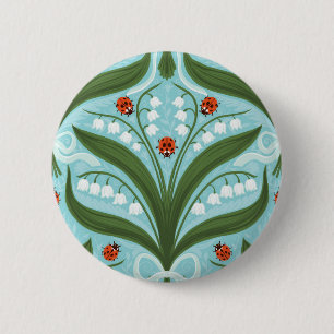 Lily of the valley and ladybugs symmetry in green, 6 cm round badge