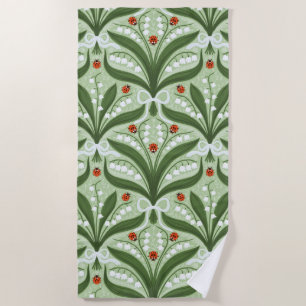 Lily of the valley and ladybugs symmetry in green, beach towel
