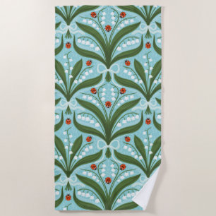 Lily of the valley and ladybugs symmetry in green, beach towel