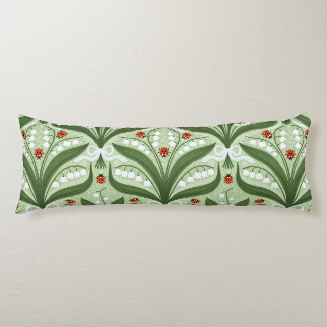 Lily of the valley and ladybugs symmetry in green, body cushion (Front)