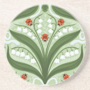 Lily of the valley and ladybugs symmetry in green, coaster